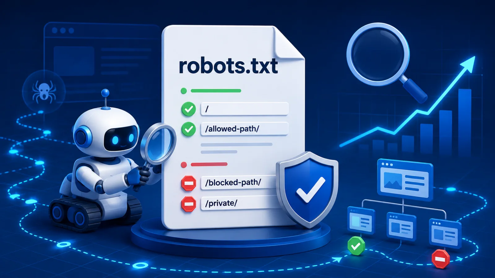 An illustration of a robot inspecting a robots.txt file, with allowed and blocked paths marked