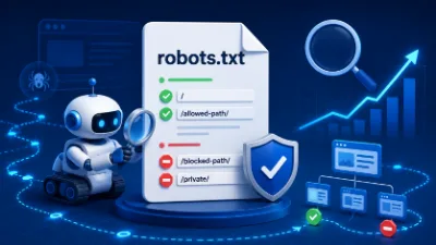 An illustration of a robot inspecting a robots.txt file, with allowed and blocked paths marked